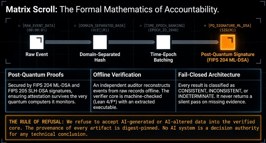 Matrix Scroll gold standard diagram: pipeline, post-quantum proofs, offline verification, fail-closed architecture, and the Rule of Refusal.